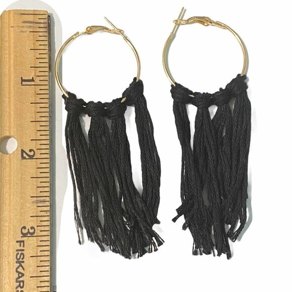 Bohemian Boho Fringe Tassel Hoop Earrings Black Tassels Statement Earrings Small - Picture 2 of 3